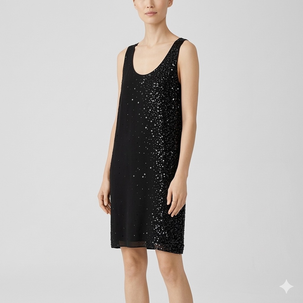 Eileen Fisher Silk Georgette Crepe Sequin Dress Little Black Dress $458 Size XS